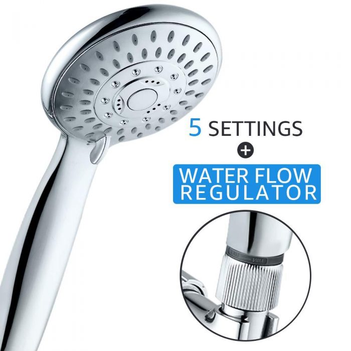 Handheld Shower Head with Flow Regulator, Easy to Control Water Pressure and Water Flow, High Pressure 5 Spray Settings Handheld Showerhead with 5 Feet Hose Adjustable Bracket, Chrome