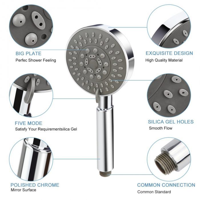 Shower Head with Hose, Shower Head Universal Fitting with Adjustable 5 Sprays Modes Bath Shower Head Handheld Handset Chrome Luxury with Massage Experience