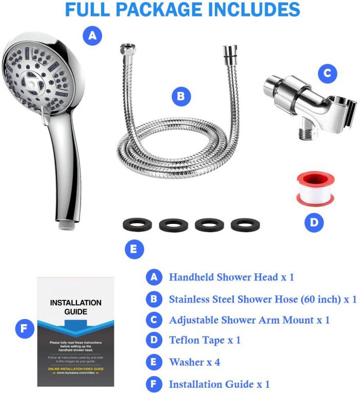 60 Inch 304 Stainless Steel Hose and Multi-Angle Adjustable Chrome Shower Bracket for Bathrooms Hotels and Apartments Foneso High Pressure Shower Head with 6 Spray Modes Handheld Shower Head 