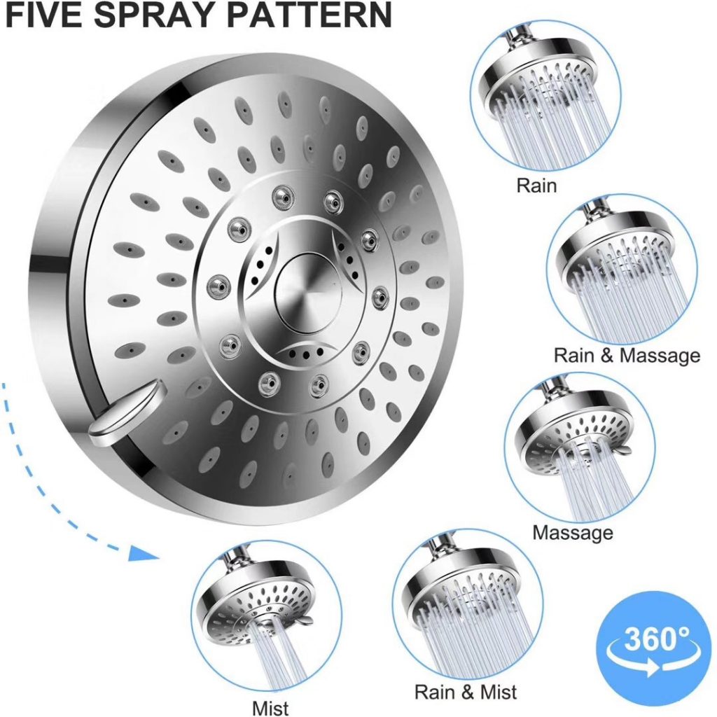 Shower Head High Pressure 4 Inch Showerhead 5setting Adjustable Shower